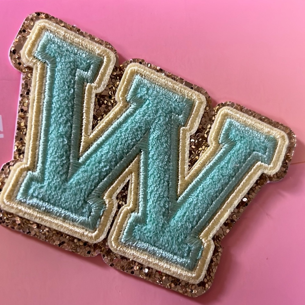 Stoney Clover Lane green terry cloth, yellow & gold initial W letter patch
